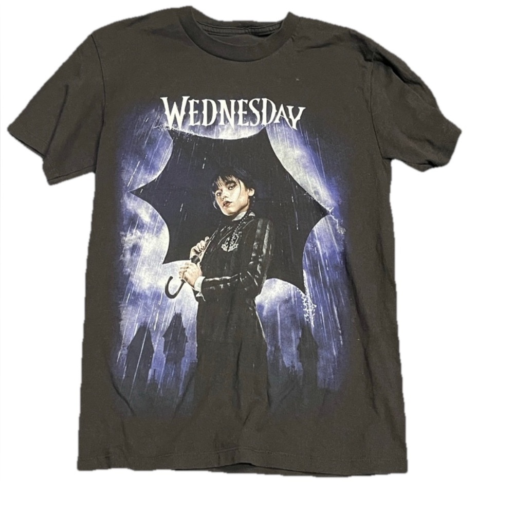 Wednesday Black Graphic Tee with Umbrella Design